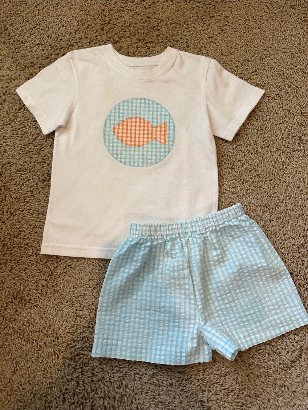 White Tee & Light Blue Gingham Shorts Set with Orange Fish